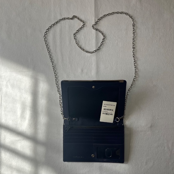 Halogen Clutch Purse Black Blue White Stripe with Silver Chain New with Tags - Picture 2 of 5